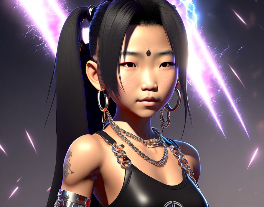 Futuristic punk style 3D rendering of young woman with tattoos and lightning backdrop