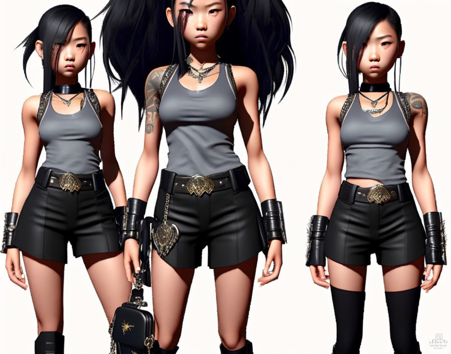 Animated female character in black hair, gray tank top, black shorts, belt with golden buckle, and