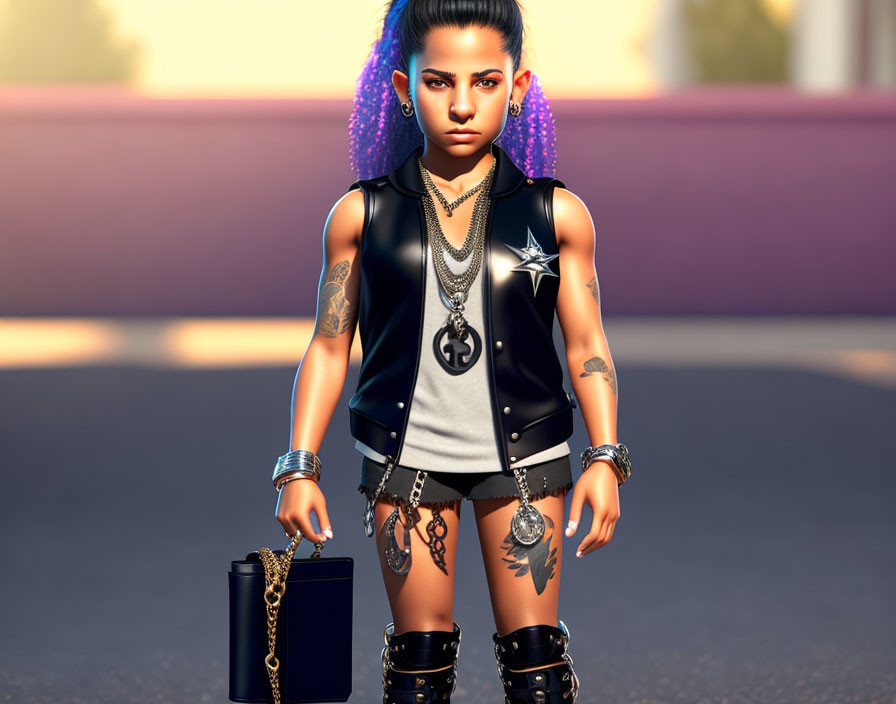 Rebellious female character with purple hair and tattoos in black outfit with silver accessories and speaker