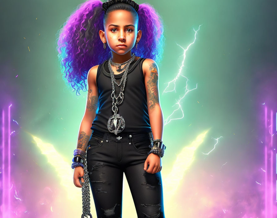 Digital artwork: Young girl with purple hair, piercings, and punk attire in dynamic lightning background