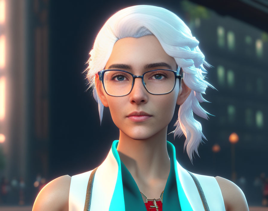 Young woman with white hair and glasses in blue top against dusk cityscape