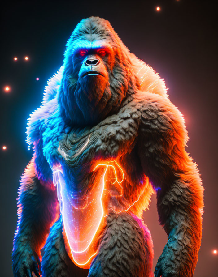Neon Outlined Gorilla Anatomy on Dark Background