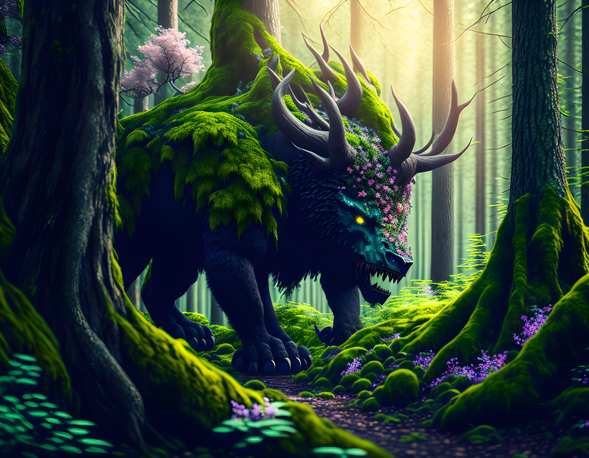 Mystical creature with horns and moss-covered fur in enchanted forest with pink flowers