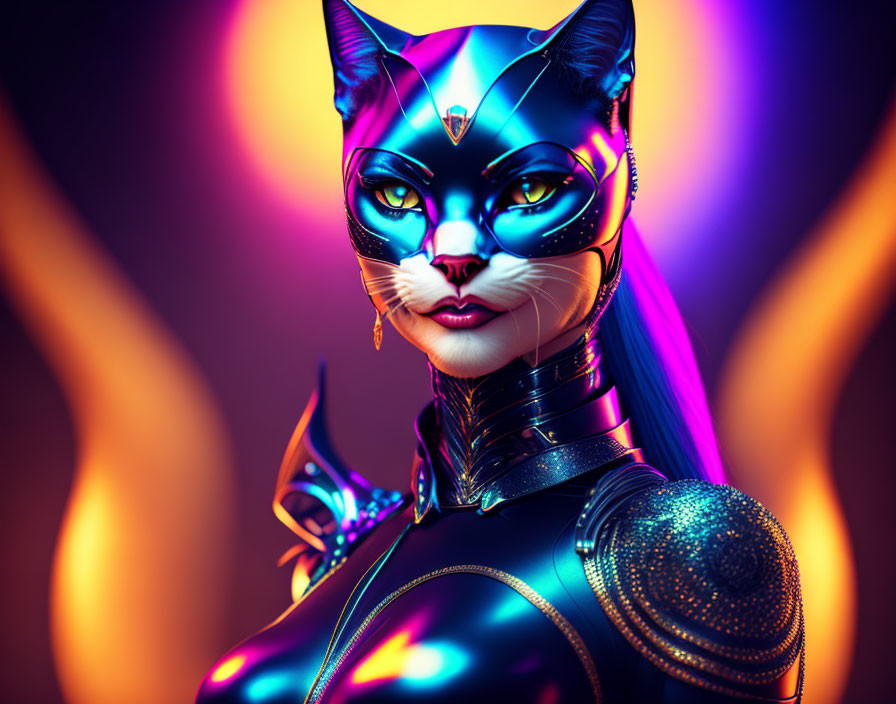 Futuristic anthropomorphic cat woman with metallic blue skin, black outfit, purple hair, fiery backdrop