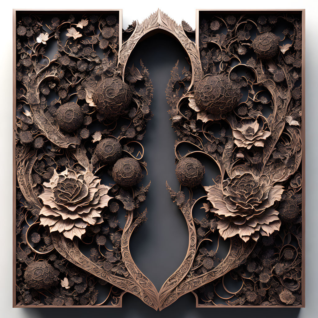 Symmetrical Floral 3D Artwork with Ornamental Spheres in Earth Tones
