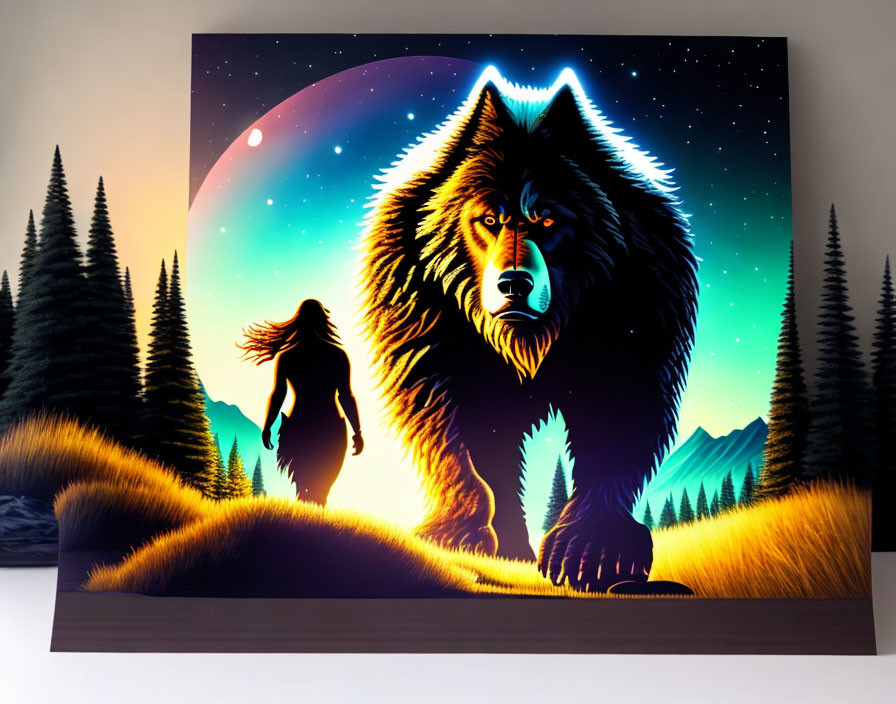 Colorful Wolf and Person Silhouette Wall Art in Twilight Forest