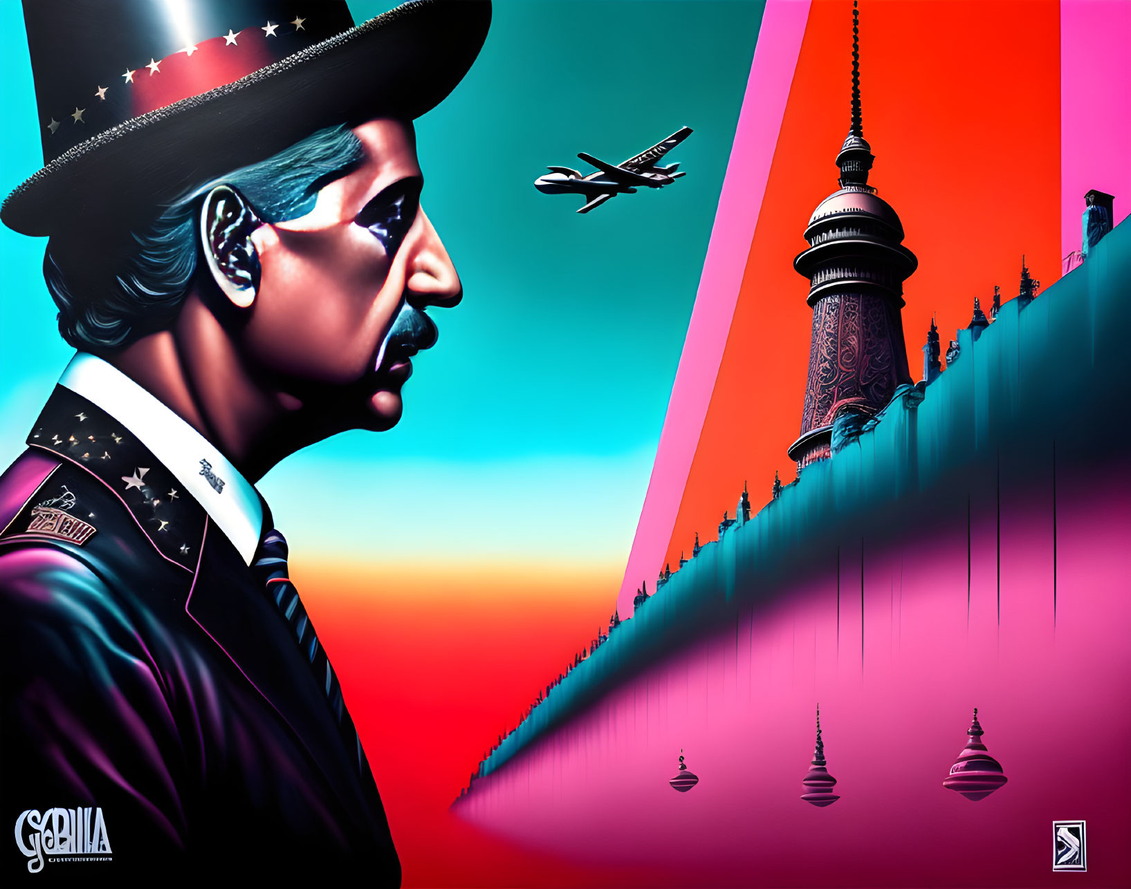 Colorful illustration of man in star-spangled top hat with planes and futuristic towers on split pink and