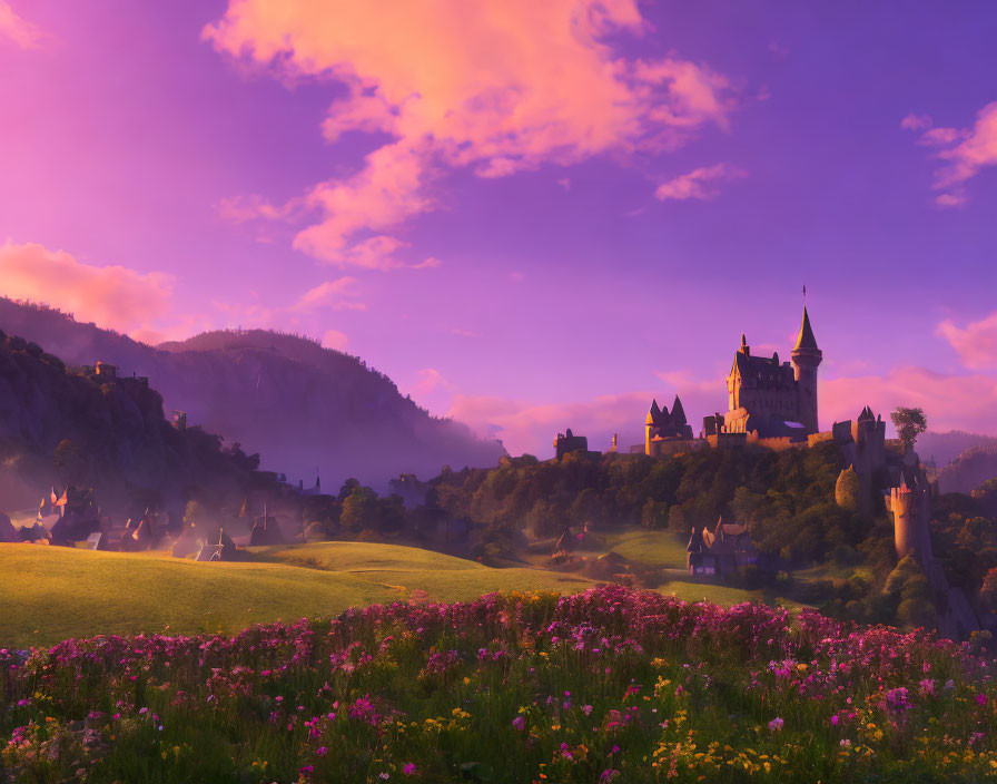 Majestic castle on hill at purple sunset with flowers and misty mountains