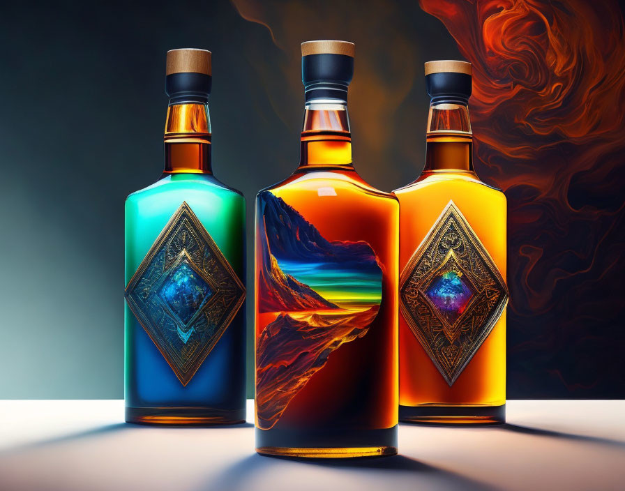 Colorful Liquor Bottles with Gem-like Designs on Smokey Background