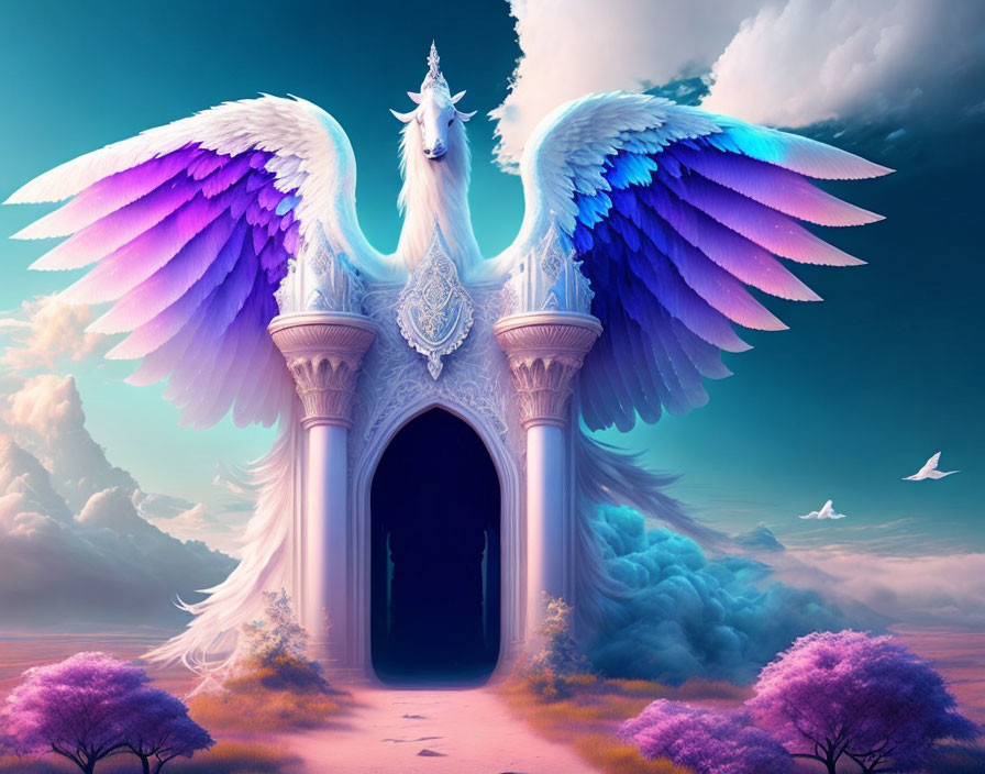 Majestic white unicorn with colorful wings on cloud with castle gateway in dreamy landscape