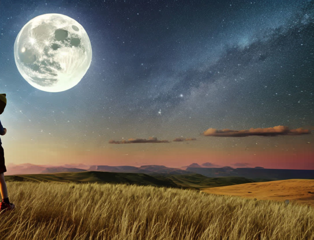 Person admiring large moon over grassy field with distant mountains under starry night sky