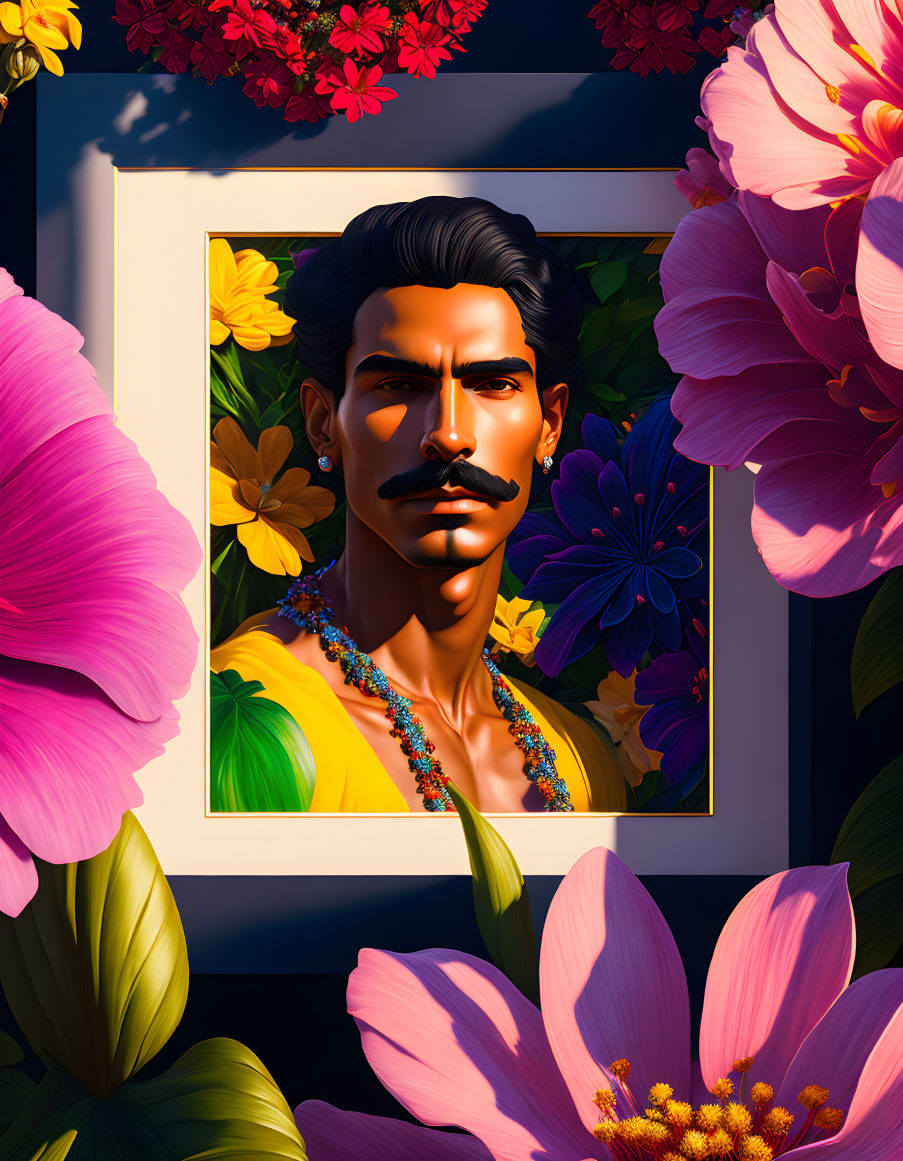 Colorful Tropical Portrait with Mustached Man & Vibrant Flowers