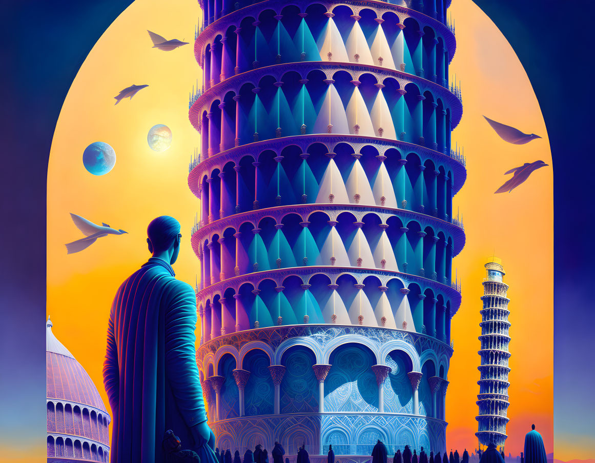 Person admires fantastical Leaning Tower of Pisa in otherworldly scene