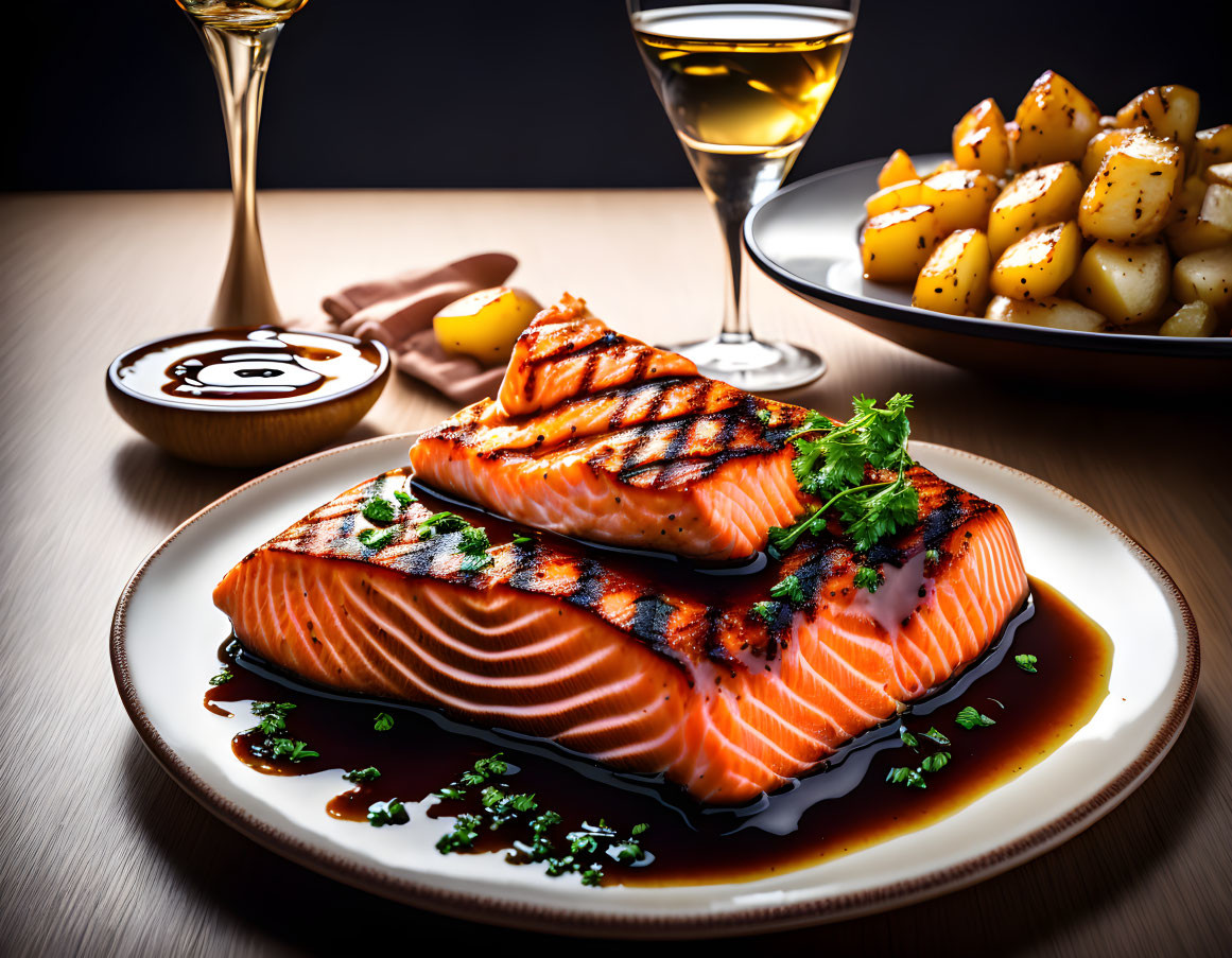 Fresh Grilled Salmon Fillets with Lemon and Herbs, Roasted Potatoes, and White Wine