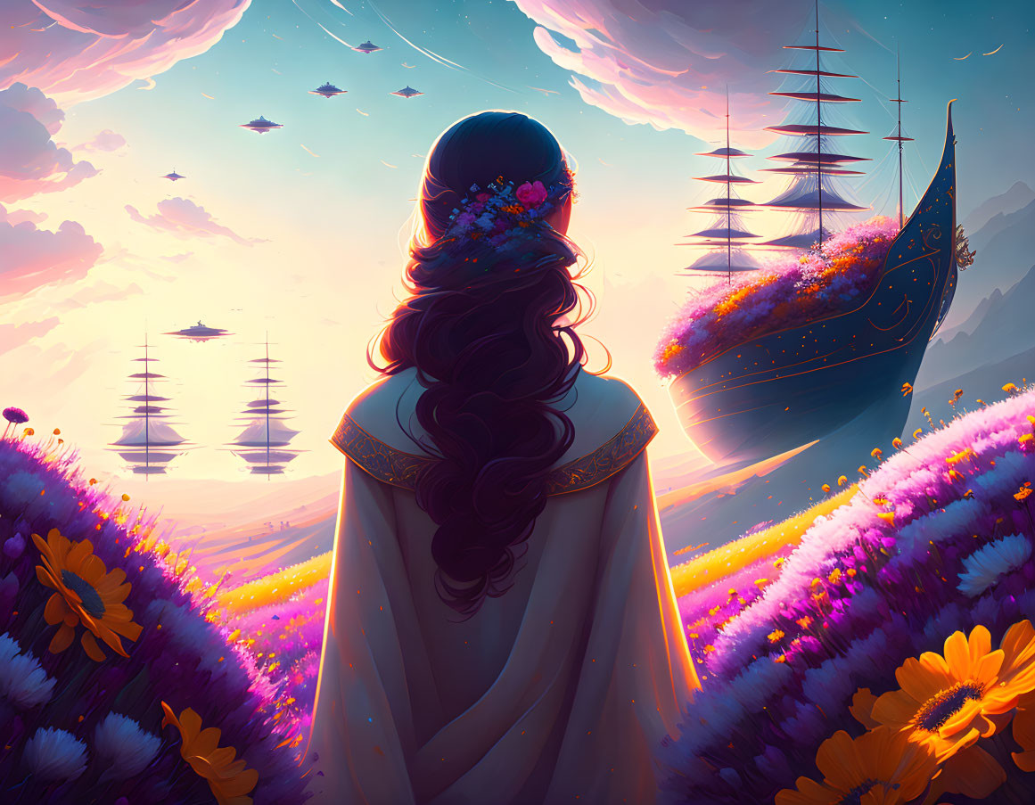 Woman with flowers in hair admires glowing sky ships at vibrant sunset