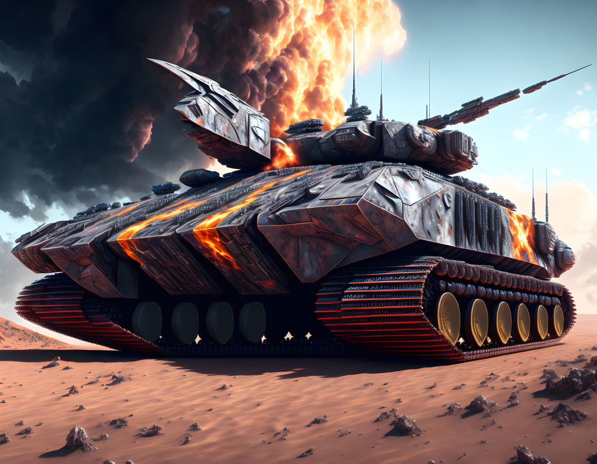 Armored tank with orange and grey camo on desert battlefield with fiery sky and laser beams.