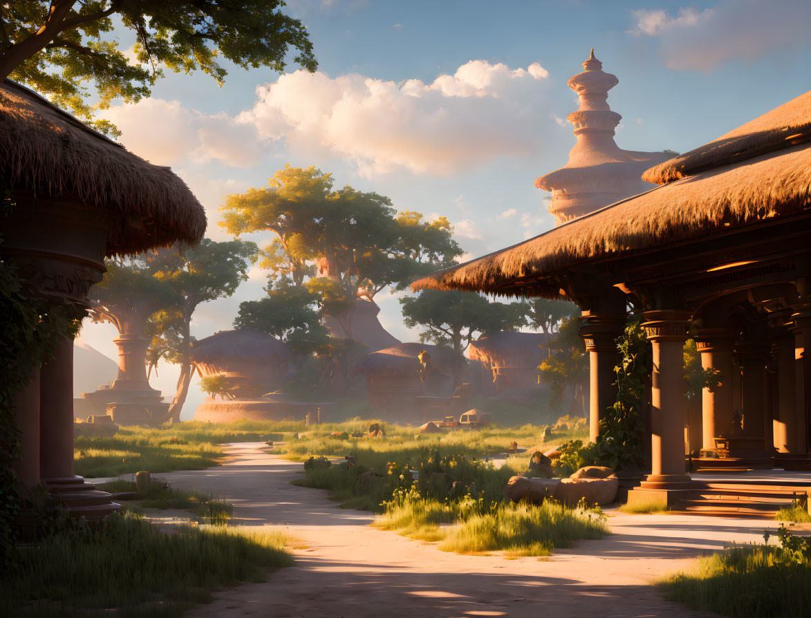 Peaceful village sunset with traditional huts, lush trees, and warm glowing light.