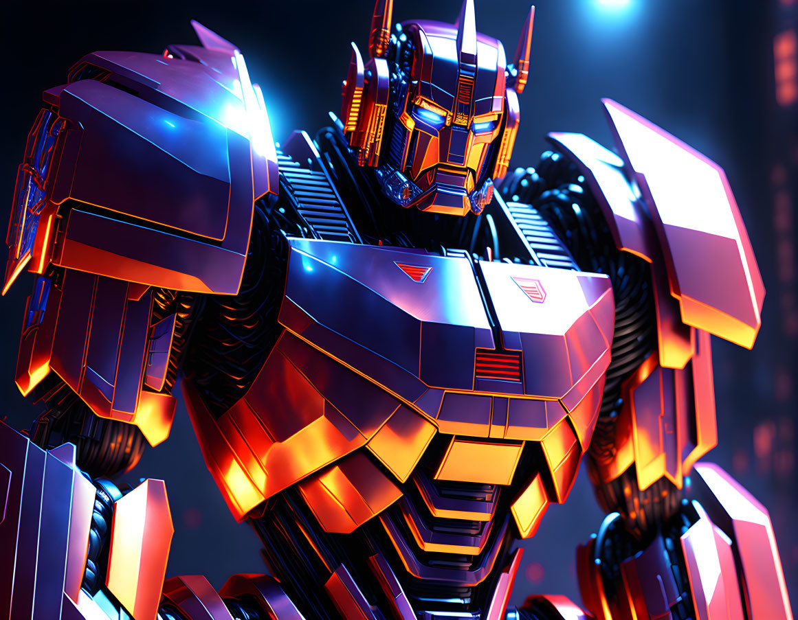 Robotic humanoid figure resembling Optimus Prime on blue-lit backdrop