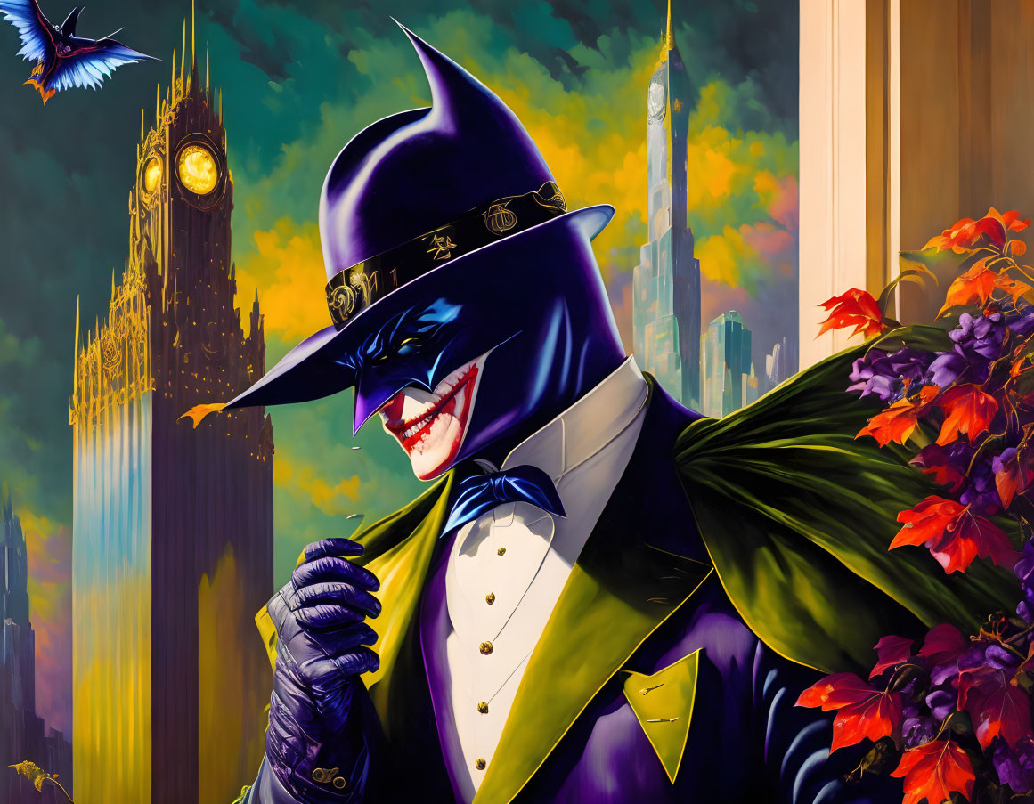 Anthropomorphic bat in suit and hat in front of cityscape under golden sky