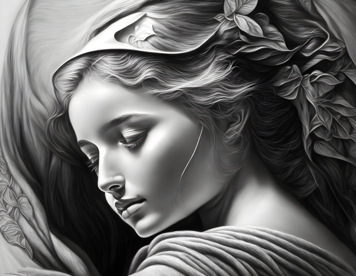 Grayscale digital artwork of peaceful young woman with intricate leafy hairpiece