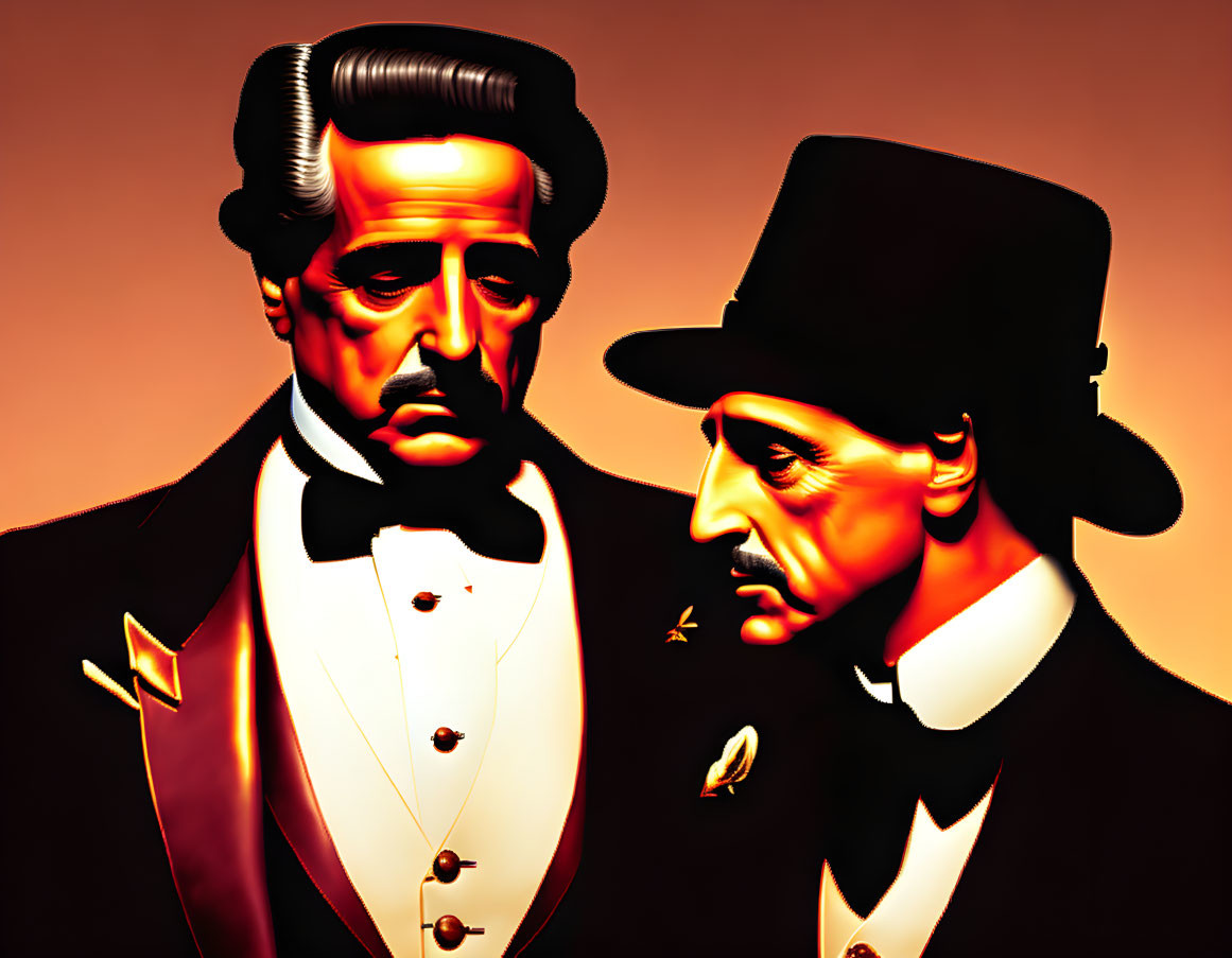 Digital Art: Classic Film Characters in Tuxedo and Top Hat on Orange Background