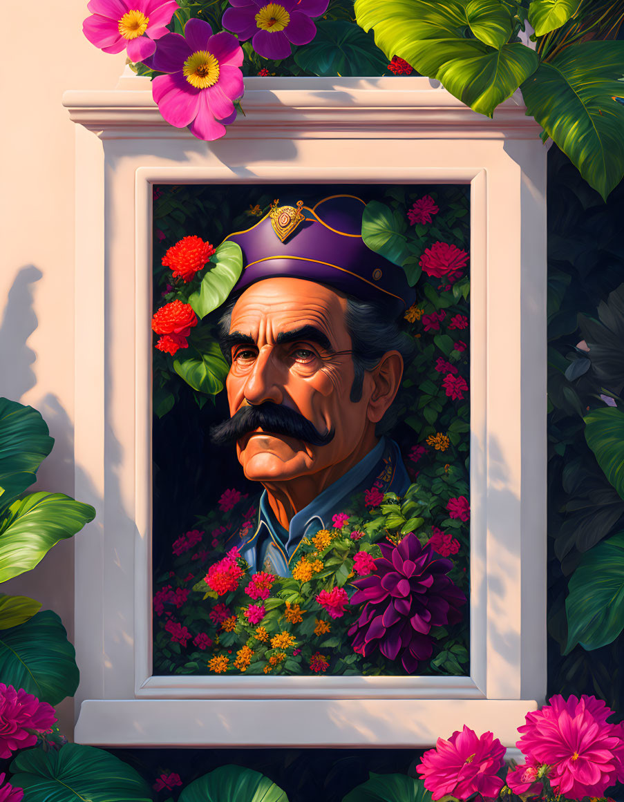 Military man in uniform with medal surrounded by vibrant flowers and window frame