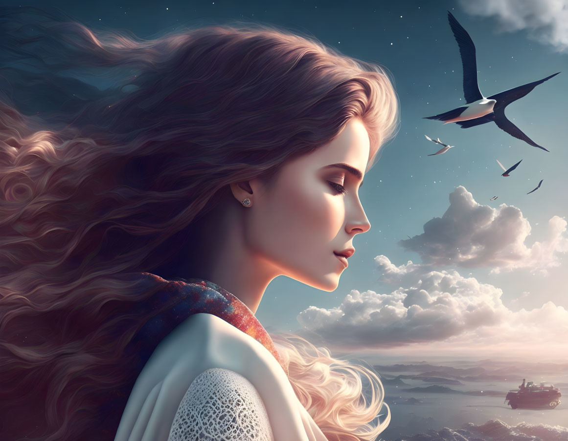 Digital artwork of woman with flowing hair, birds, ship in clouds at twilight