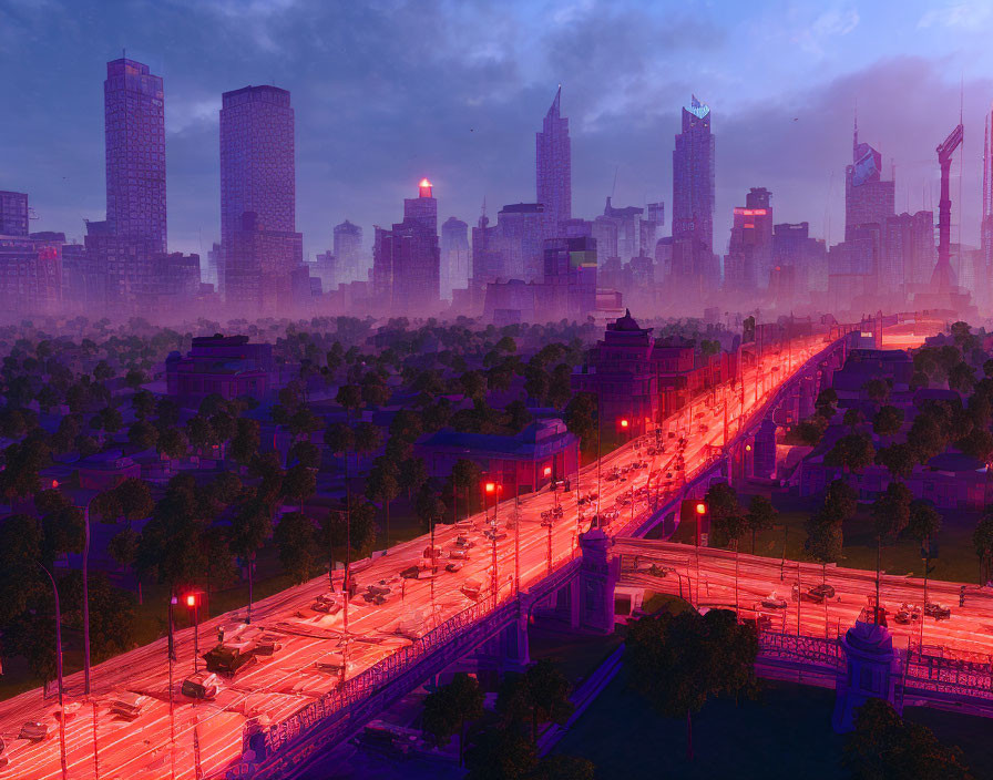 Vibrant cityscape at dusk with illuminated buildings and busy bridge.