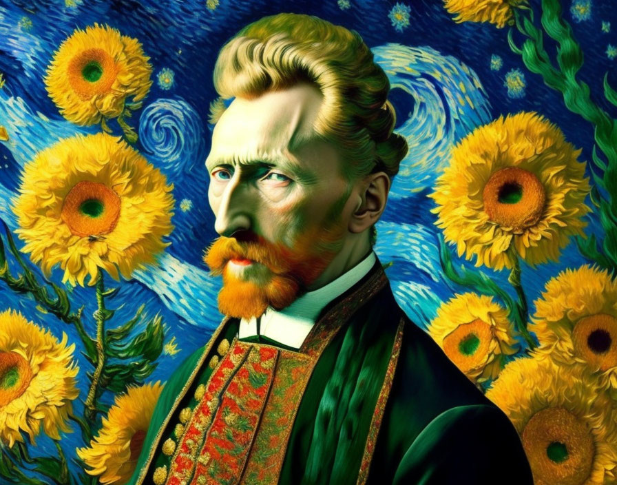 Man with Red Beard in Green Suit Surrounded by Sunflowers and Starry Background