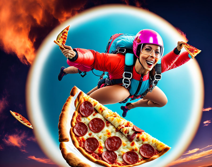 Vibrant skydiver smiles with floating pizza slices in fiery sky