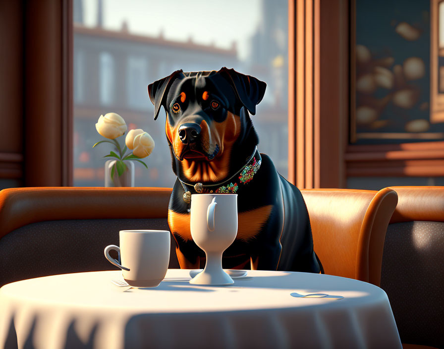 Rottweiler sitting at table with coffee cup and flowers by window