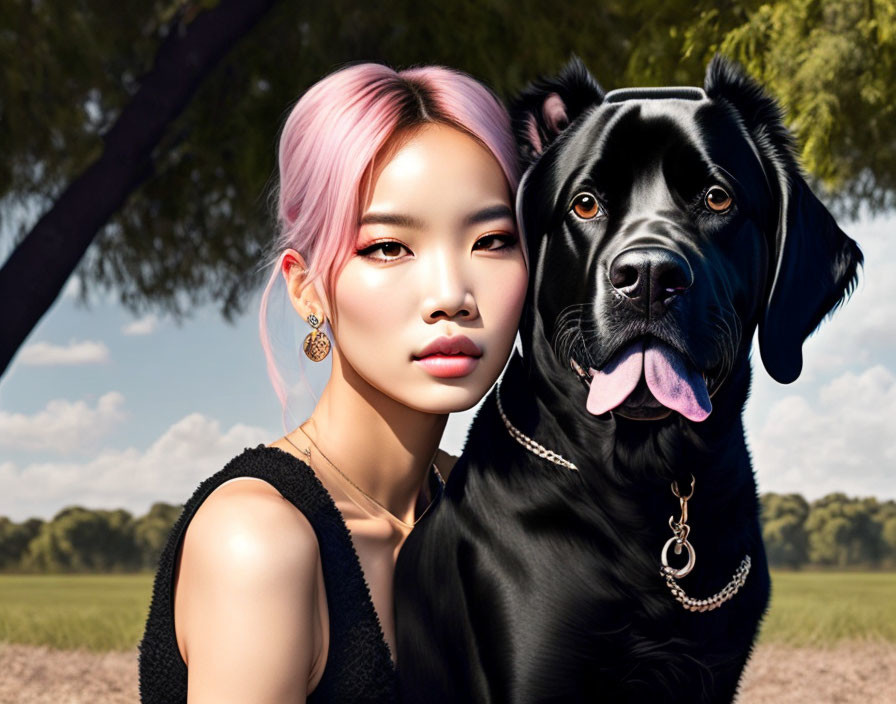 Pink-haired woman and black dog under tree on sunny day