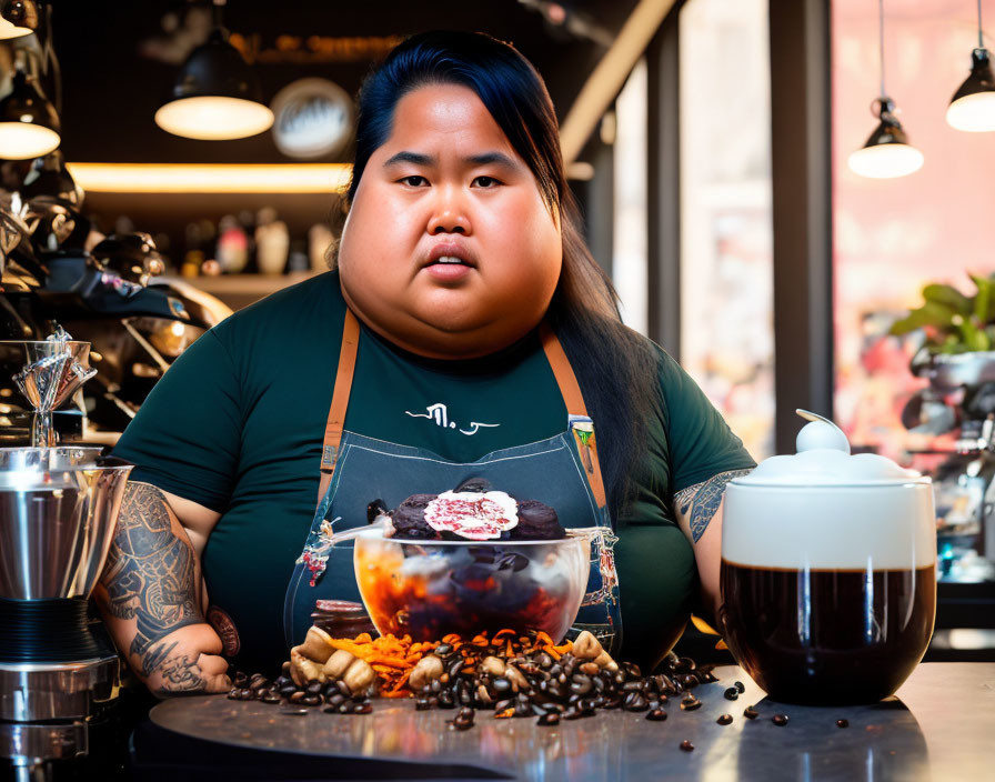 Person in apron at counter with food bowl and coffee beans