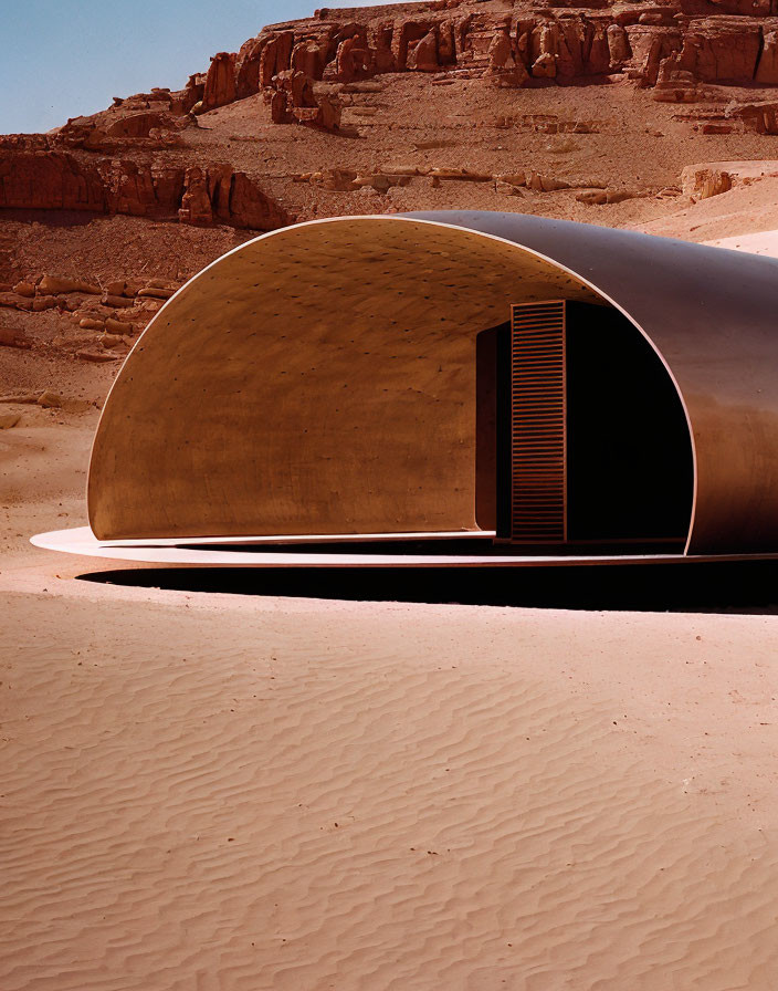 Futuristic metallic cylinder in sandy desert landscape