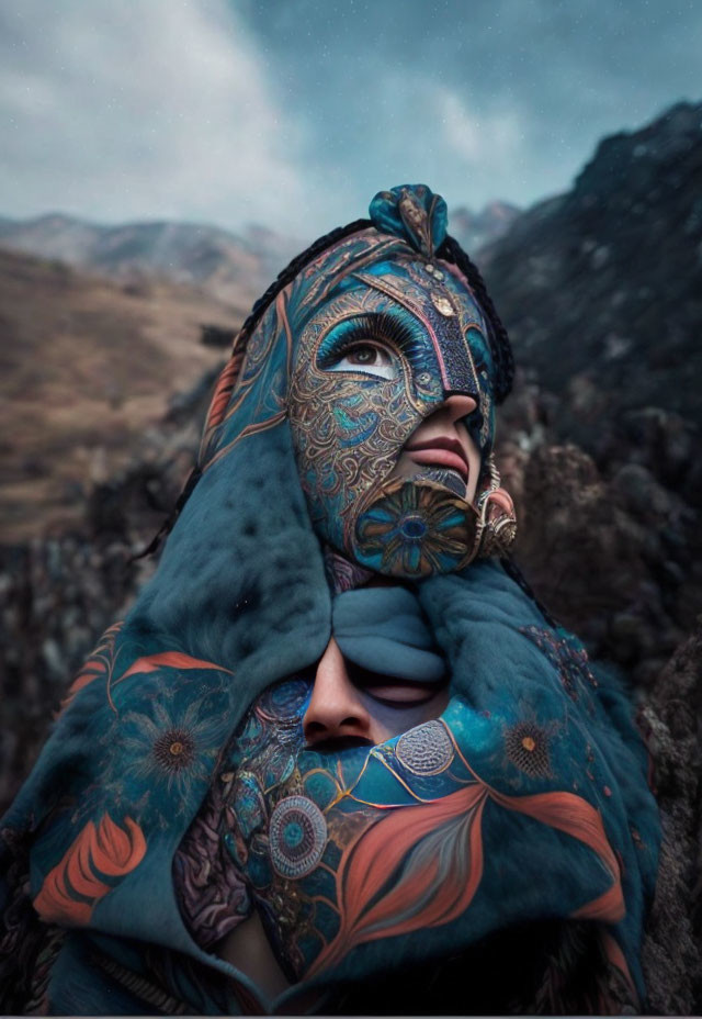 Person with blue tribal face paint and headgear against misty mountains