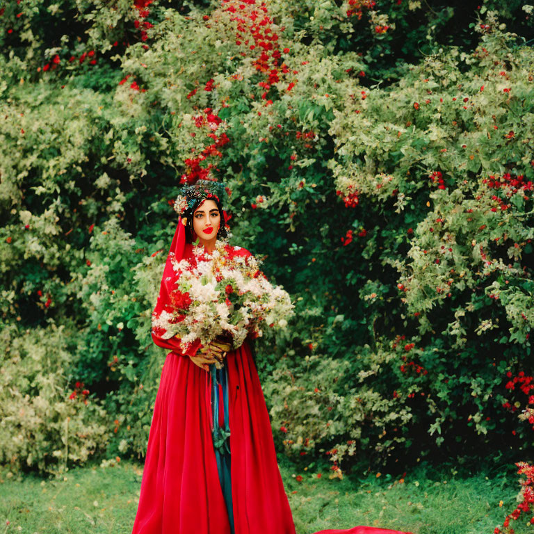 Woman in Vibrant Red Dress with Bouquet in Lush Greenery