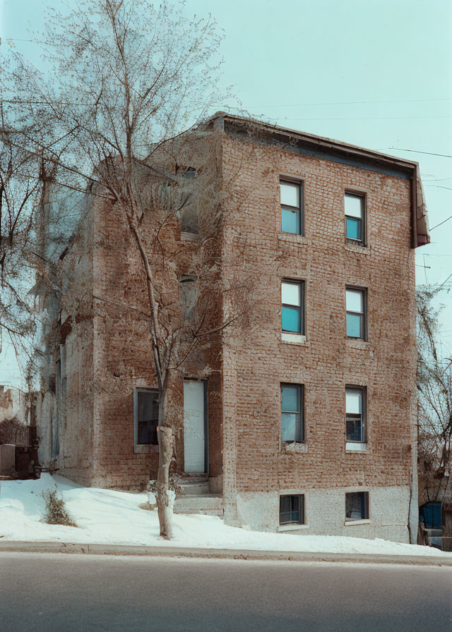 Abandoned three-story brick building with boarded windows and bare tree under clear skies