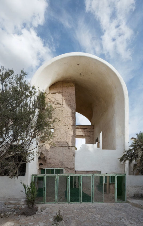 Rustic Building with Large Archway and Olive Tree Against Cloudy Sky