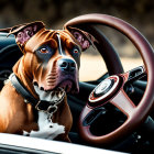 Brown Dog with Black Collar Sitting Behind Car Steering Wheel