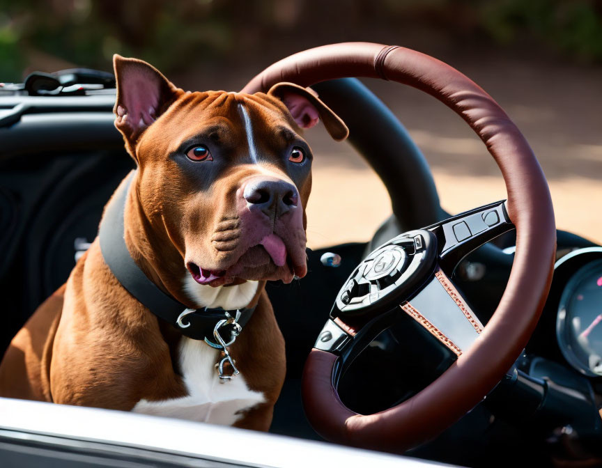 Brown Dog with Black Collar Sitting Behind Car Steering Wheel