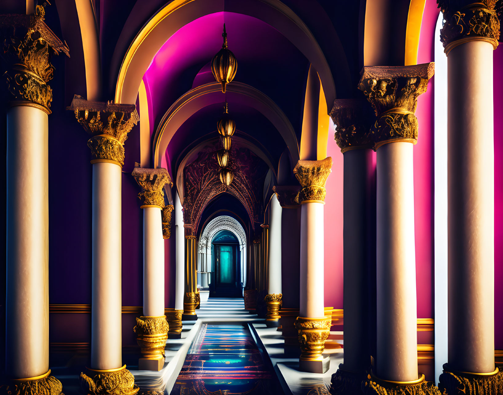 Luxurious hallway with golden columns, arches, glossy floor, and colorful lighting.