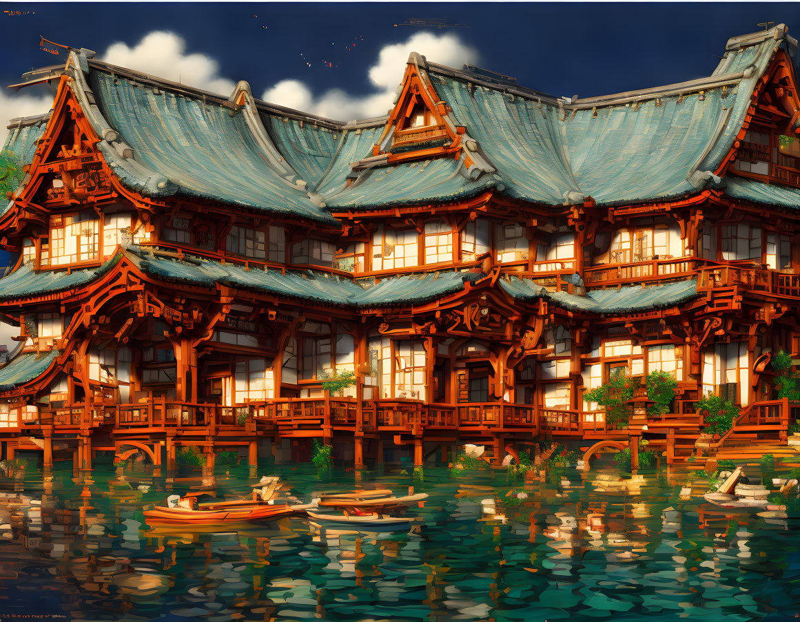 Traditional Japanese Temple Surrounded by Water and Boats