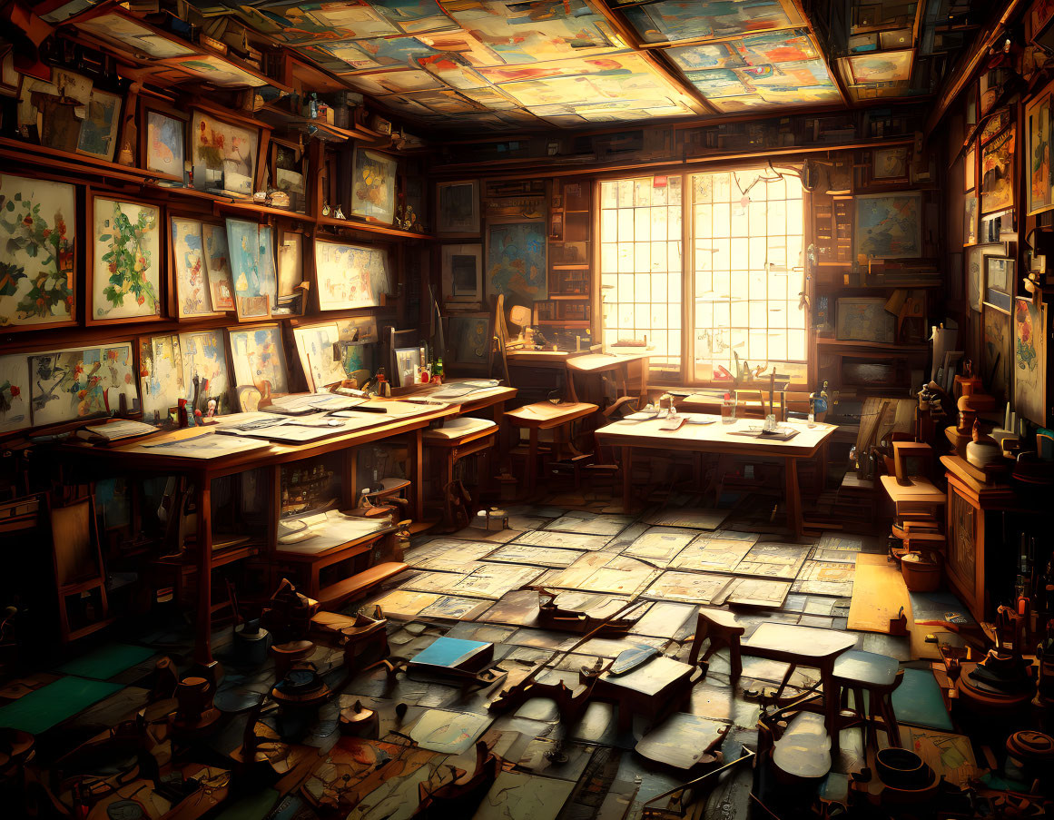 Vintage study room with bookshelves, botanical illustrations, world map, desks, papers, checkered