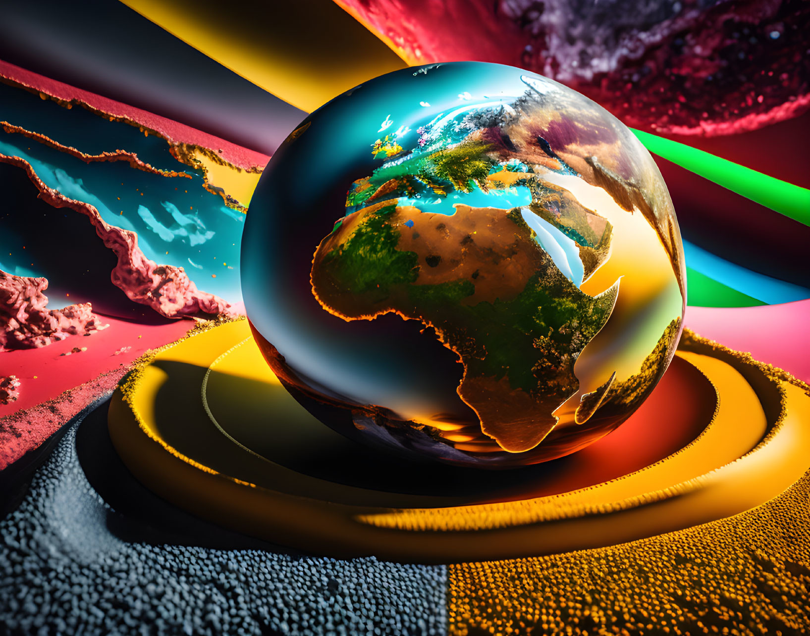 Colorful surreal artwork: Glossy Earth on concentric circles