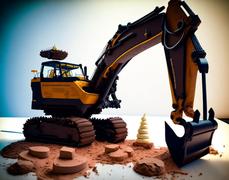 Plastic toy excavator scooping sand on gradient backdrop