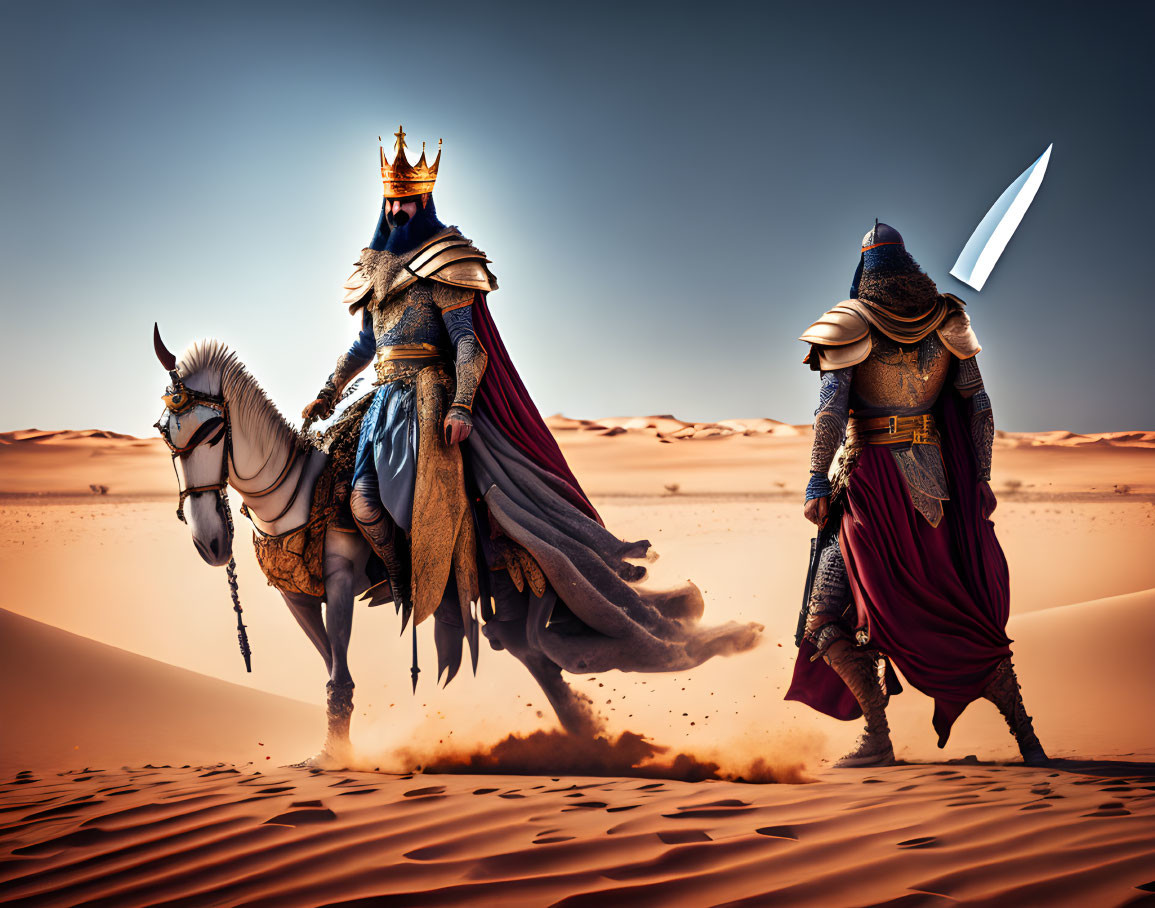 Medieval king and knight on horseback in desert landscape with sand dunes and elongated shadows