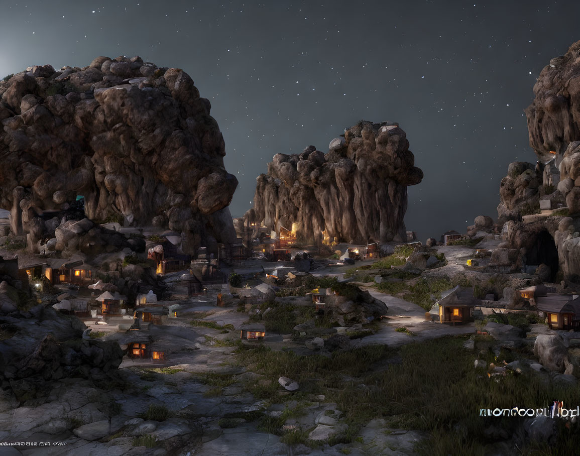 Nighttime Village Landscape Among Rocky Outcrops