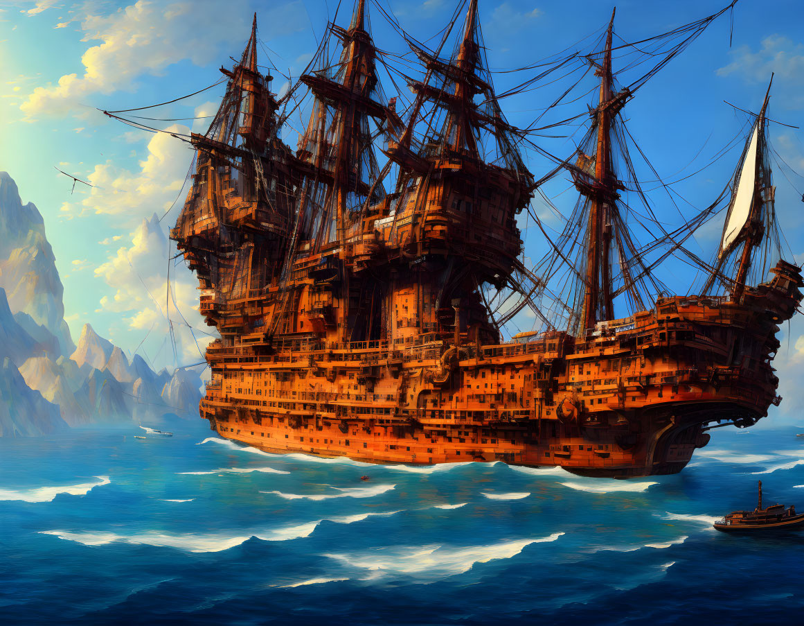 Large wooden ship with multiple sails on serene ocean near rocky cliffs.