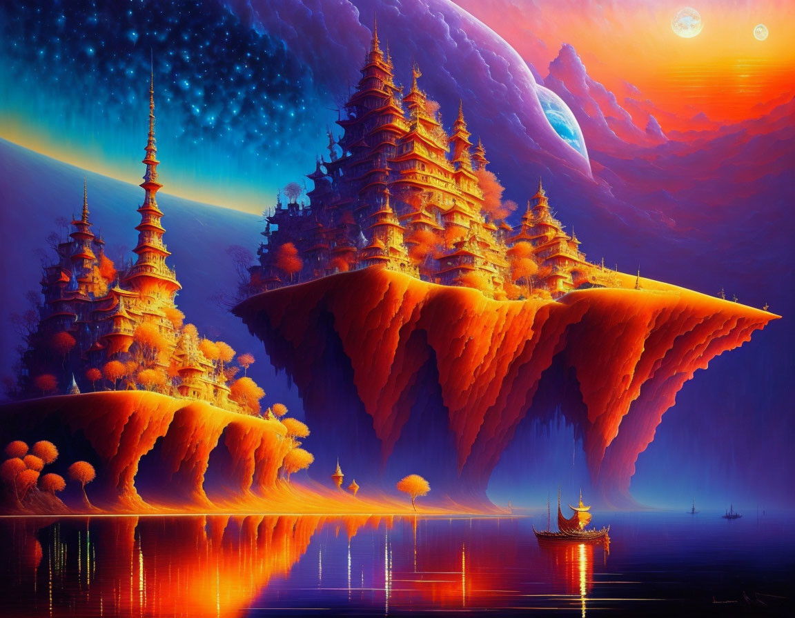 Fantasy landscape with multilevel pagodas on floating islands and colorful sky.