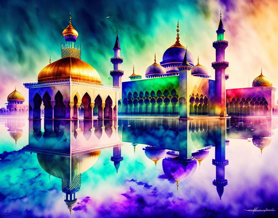 Colorful Mosque Illustration with Reflective Domes and Minarets on Water